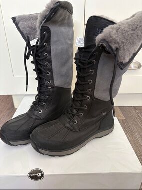 UGG Black and Gray Shearling-Lined Lace-Up Winter Boots